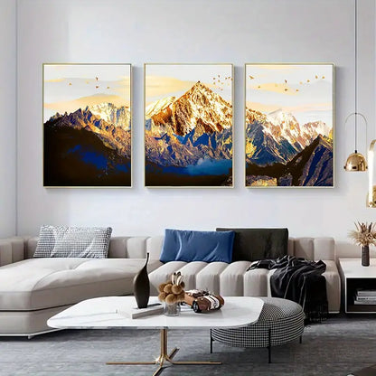 3 piezas de Arte en Lienzo de Montaña Nevada Dorada para Decoración del Hogar
