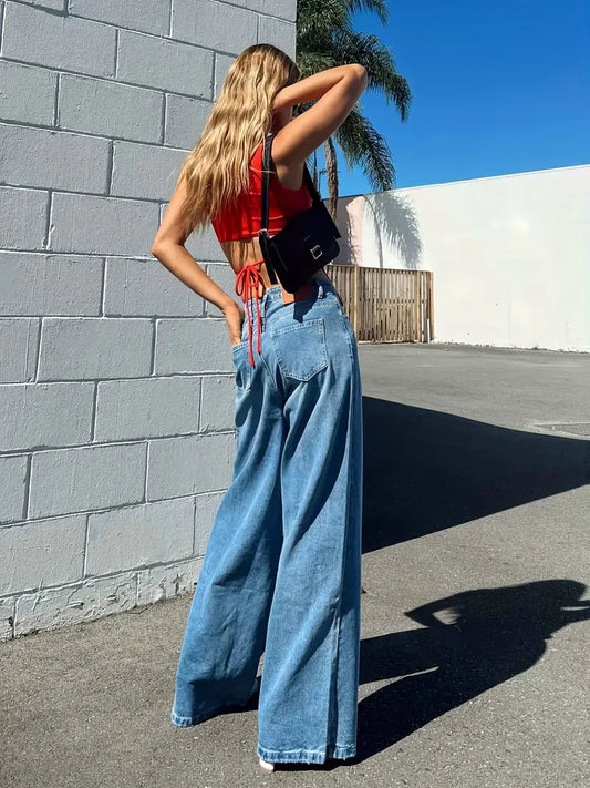 Jeans Denim Holgados de Cintura Alta con Pernera Recta en Azul para Mujer