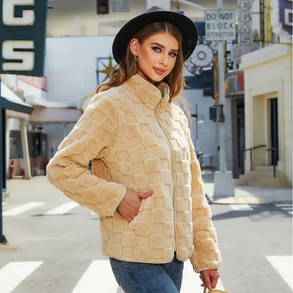 2023 Autumn Winter Women's Loose Plaid Fleece Jacket