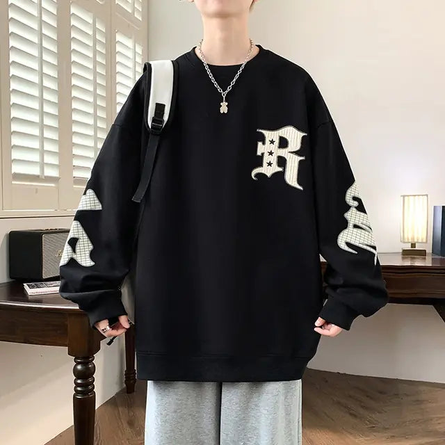 Men's Drop Shoulder Crew Neck Hoodie - Casual Pullover
