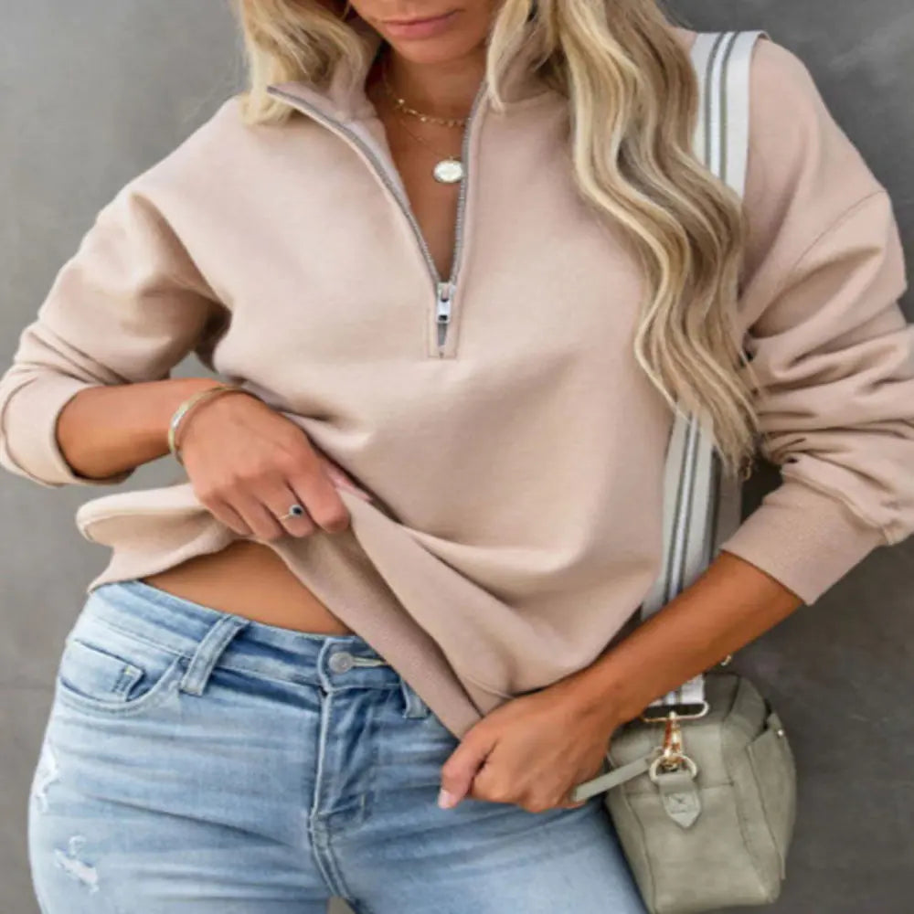 Solid Color Women's Long Sleeve Zip Pullover Sweater