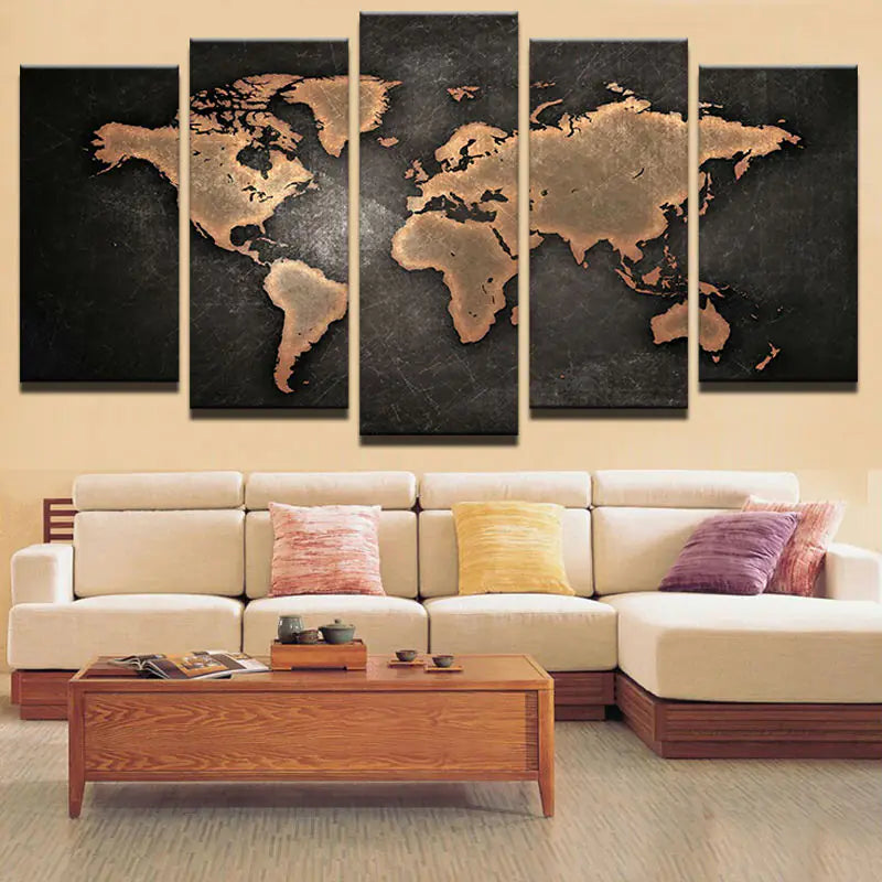 5-Piece World Map Canvas Wall Art Decor