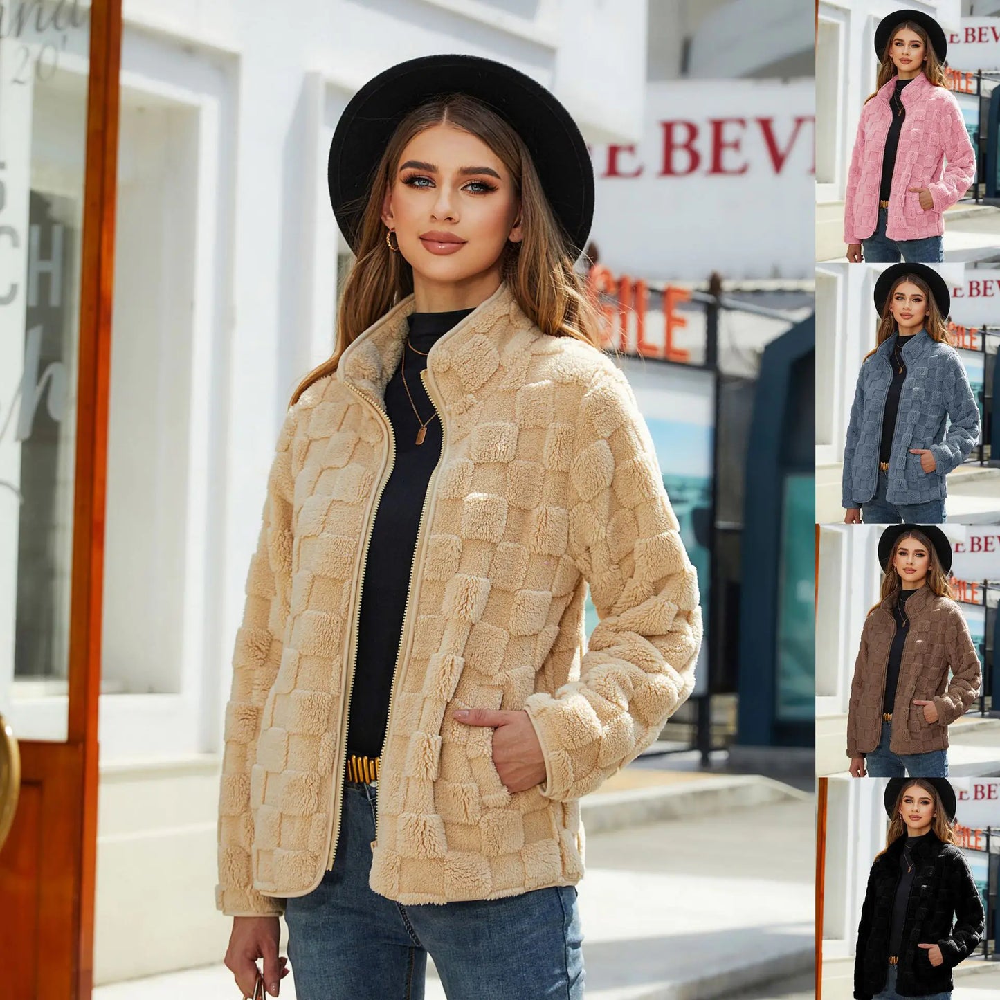 2023 Autumn Winter Women's Loose Plaid Fleece Jacket