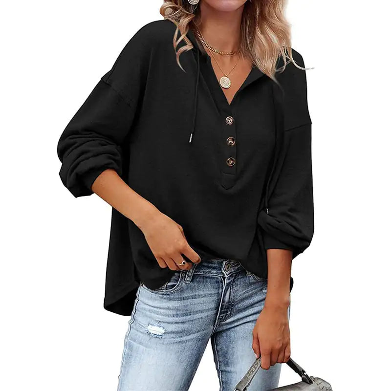 Loose-Fit Solid Color Long Sleeve Hoodie Sweatshirt