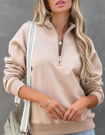 Solid Color Women's Long Sleeve Zip Pullover Sweater