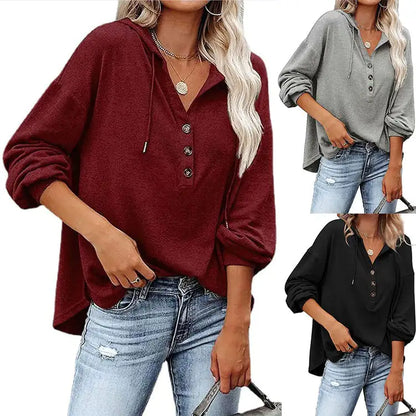 Loose-Fit Solid Color Long Sleeve Hoodie Sweatshirt