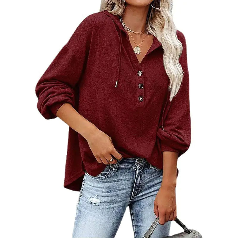 Loose-Fit Solid Color Long Sleeve Hoodie Sweatshirt