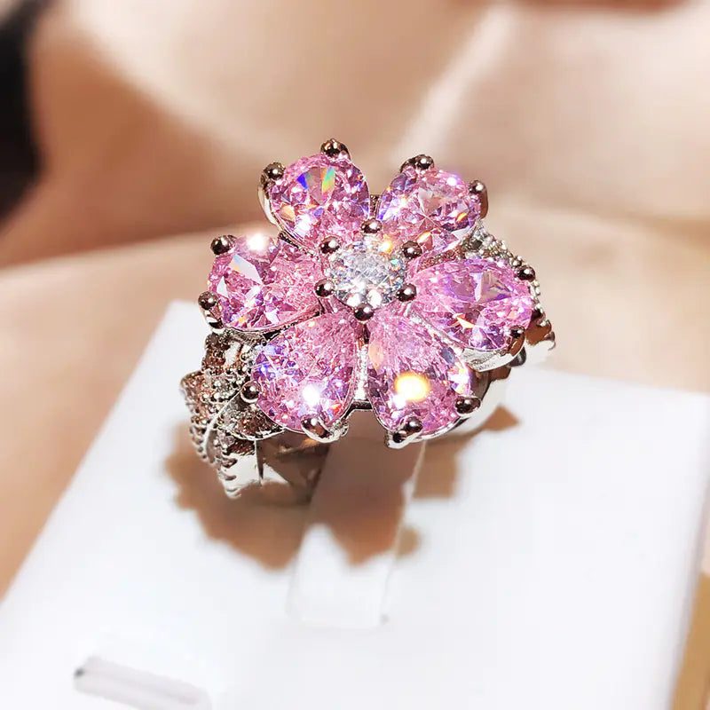 Heart-shaped Cherry Blossom Zircon Diamond Ring for Women