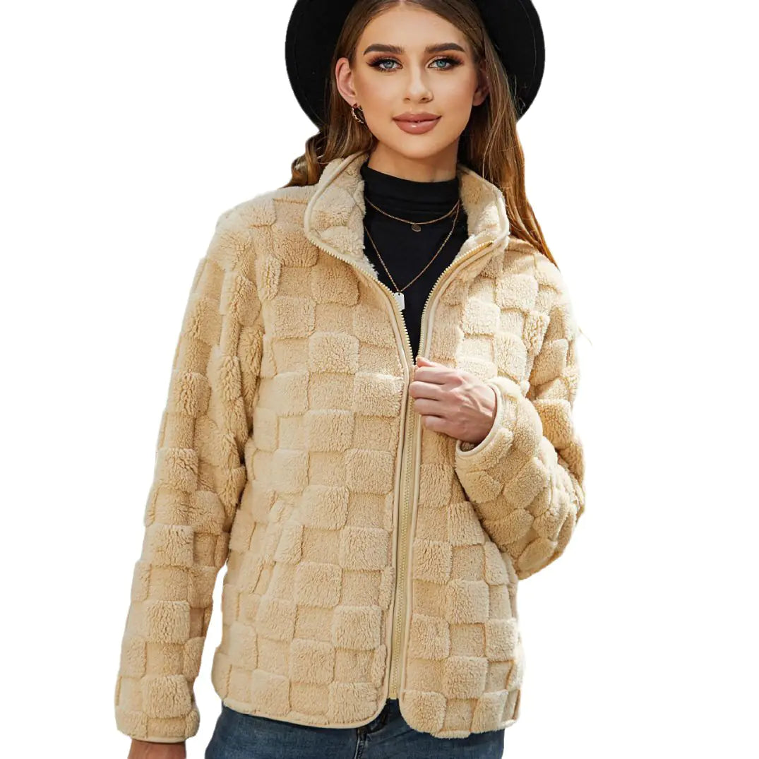 2023 Autumn Winter Women's Loose Plaid Fleece Jacket