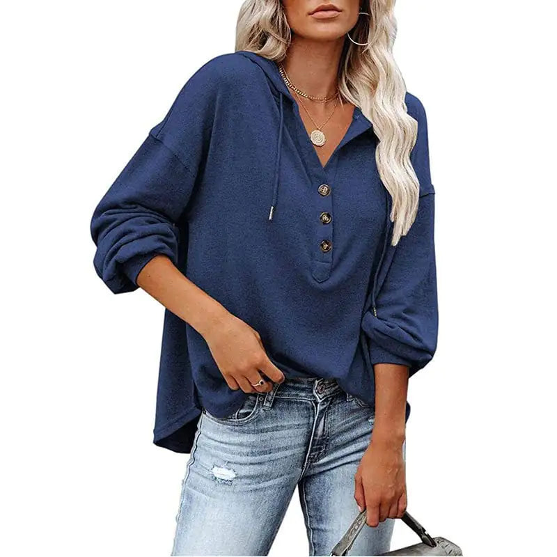 Loose-Fit Solid Color Long Sleeve Hoodie Sweatshirt