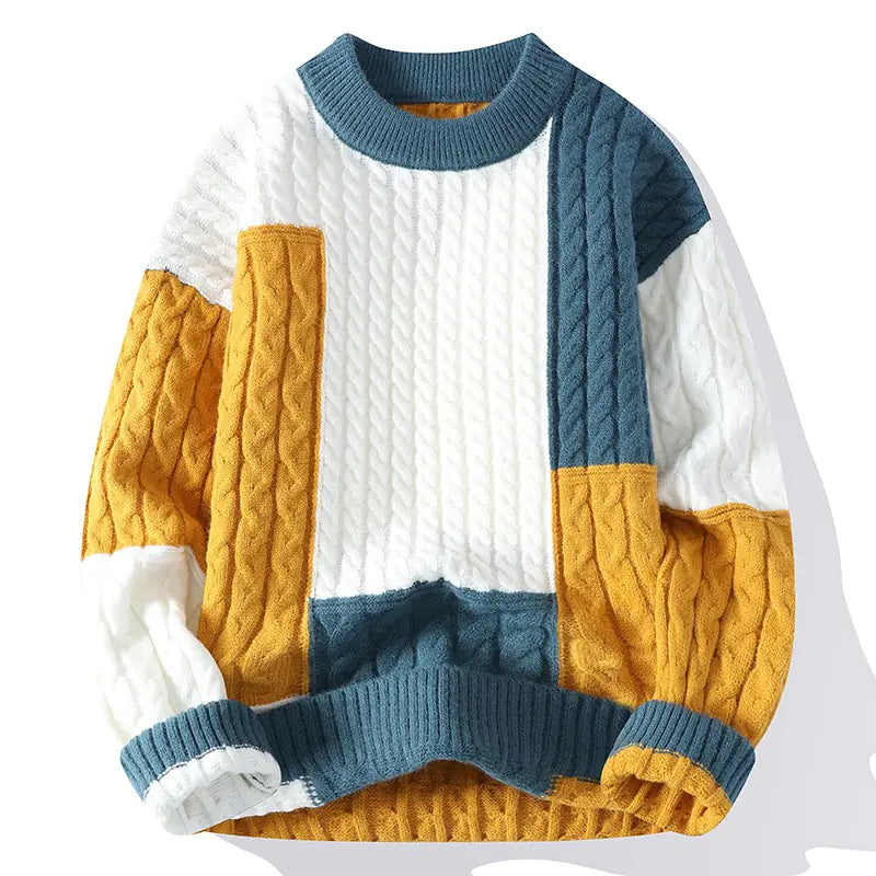 Men's Crew Neck Pullover Sweater with Color Contrast