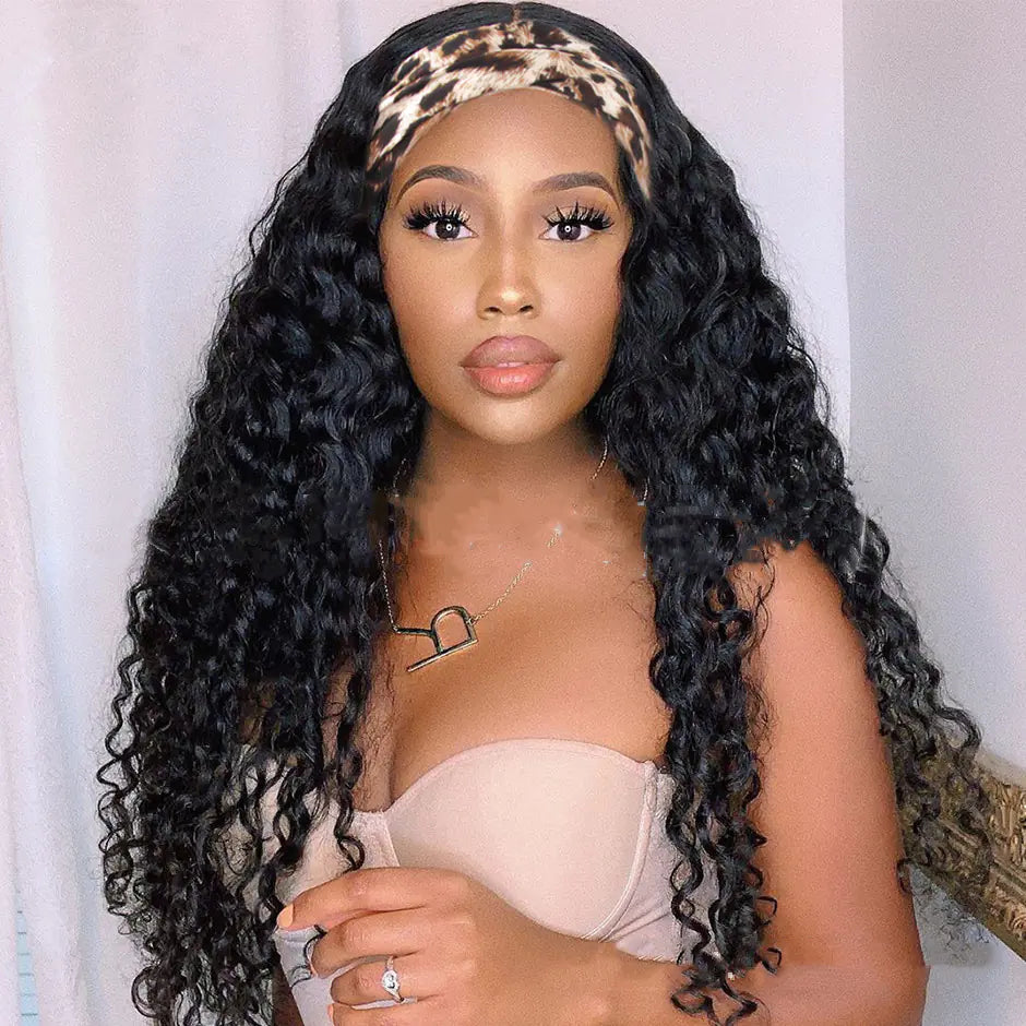 Middle Part Long Wavy Curly Hair Wig with Turban Band