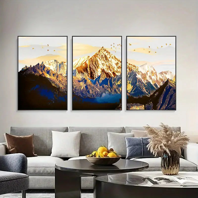 3 piezas de Arte en Lienzo de Montaña Nevada Dorada para Decoración del Hogar