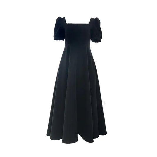 Vestido Negro para Mujer - Verano 2020, Cuello Cuadrado, Mangas Abullonadas