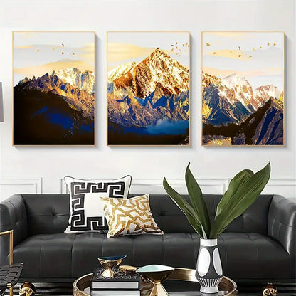 3 piezas de Arte en Lienzo de Montaña Nevada Dorada para Decoración del Hogar