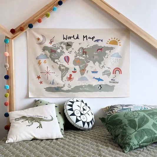 Arte Mural de Lienzo con Mapa del Mundo al Estilo Nórdico para Habitación Infantil