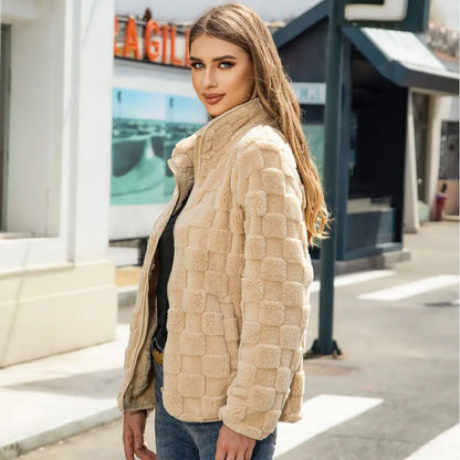 2023 Autumn Winter Women's Loose Plaid Fleece Jacket